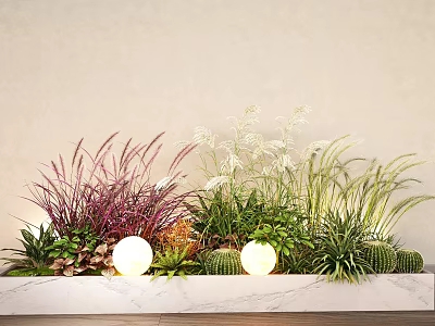 Plant Combination with Purple Grass White Flowers Green Grass Cacti Globe Lights on Marble Countertop 3d model