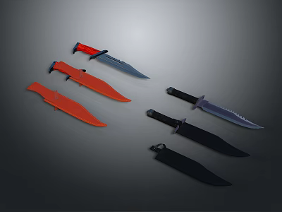 Different Colored Combat Knives With Red Black Orange Handles And Sharp Blades Displayed 3d model