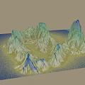 Dreamy Fantasy Landscape Featuring Jagged Mountain Peaks in Blue Green Tones and Winding Rivers