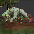 Game Character Battling Giant White Bloodstained Boar In Wooded Rocky Environment