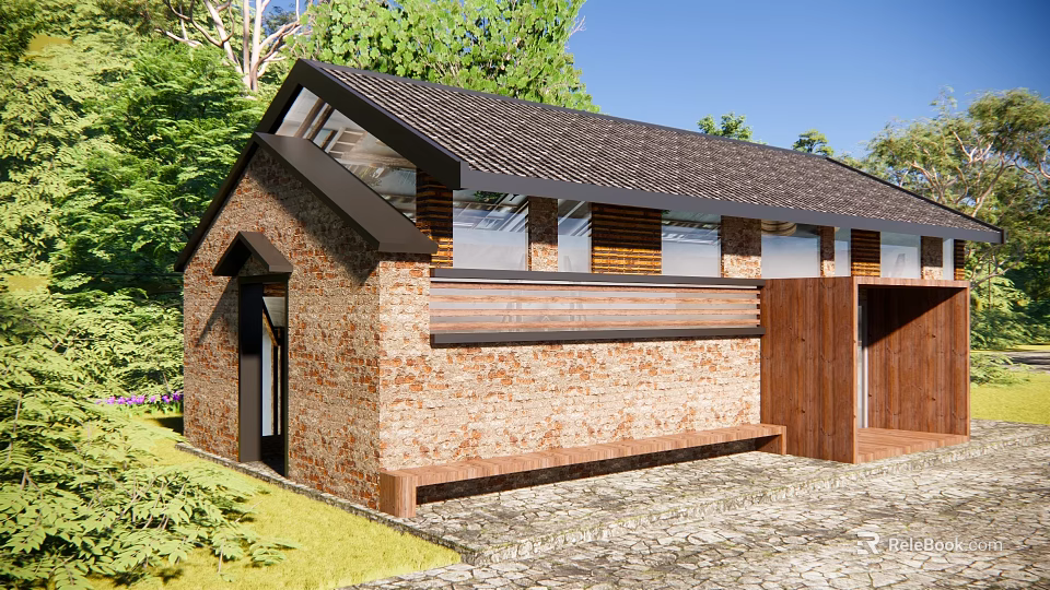 Brick House Exterior With Dark Roof Wooden Accents And Large Windows Surrounded By Lush Greenery 3d model 
