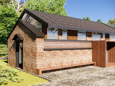 Brick House Exterior With Dark Roof Wooden Accents And Large Windows Surrounded By Lush Greenery 3d model
