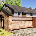 Brick House Exterior With Dark Roof Wooden Accents And Large Windows Surrounded By Lush Greenery