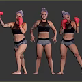 Women In Purple Hair Pink Boxing Gloves Black Sports Bras Gray Shorts Striking Boxing Poses