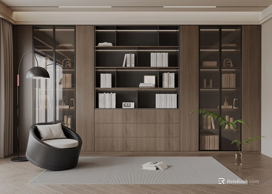 Modern Wooden Bookcase Design With Glass Doors Shelves Armchair Floor Lamp Rug And Plant 3d model 