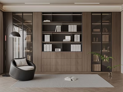 Modern Wooden Bookcase Design With Glass Doors Shelves Armchair Floor Lamp Rug And Plant 3d model