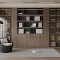 Modern Wooden Bookcase Design With Glass Doors Shelves Armchair Floor Lamp Rug And Plant