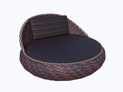 Stylish Round Bed With Woven Frame Dark Mattress And Cushion 3d model