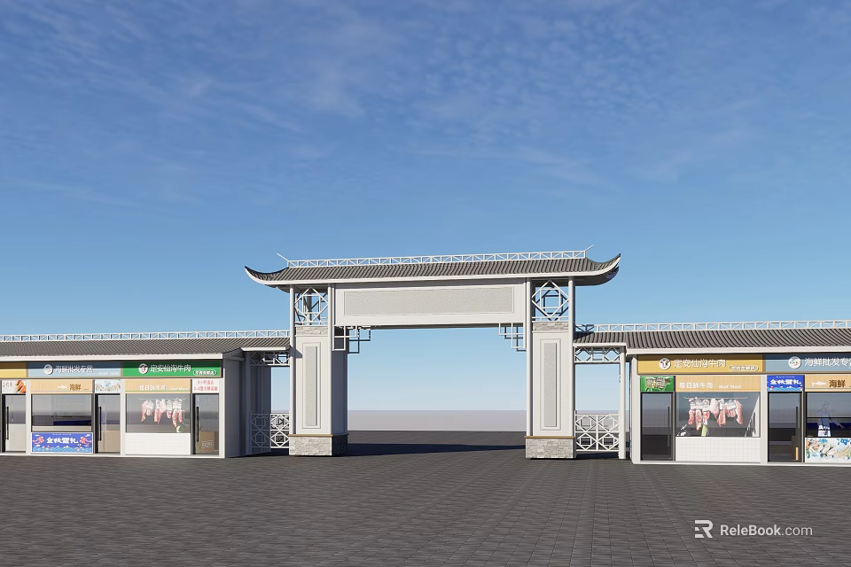 Chinese Traditional Gateway Entrance with Classic Eaves and Carved Decorations Flanked by Shopfronts and Billboards 3d model 