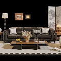 Luxurious Leather Sofa with Wooden Coffee Table Set and Decorative Pillows Floral Arrangement