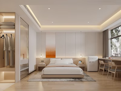 Modern Minimalist Hotel Guest Room Interior With Cozy Bed Wardrobe Desk Chair And Large Window 3d model
