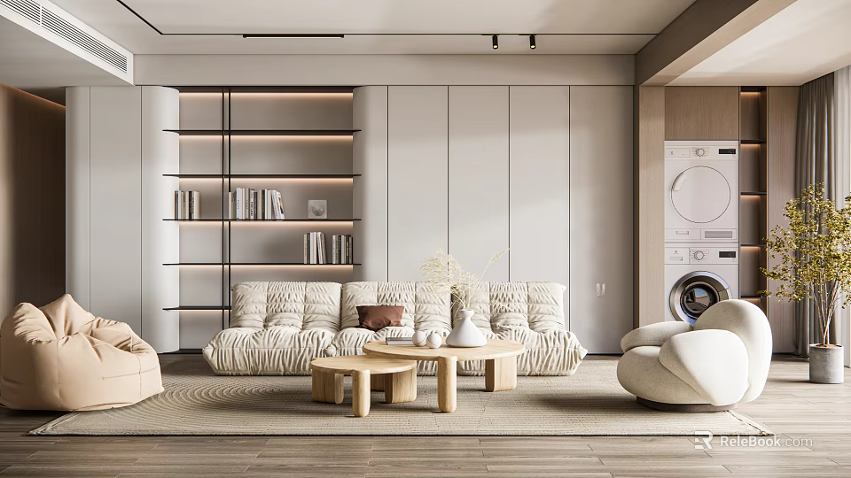 Modern Minimalist Living Room Interior With Beige Sofa Wooden Coffee Table And Bookshelf 3d model 