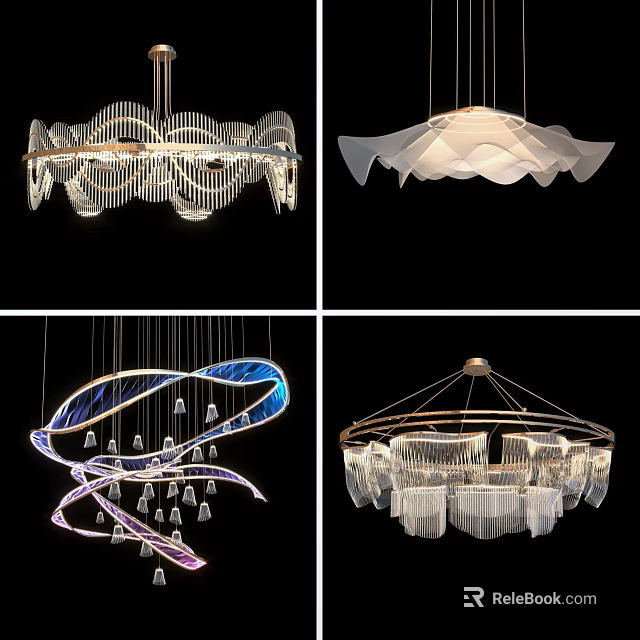 Unique Modern Chandelier Designs with Wave Petal Spiral Shapes Metal Glass and Crystal Elements 3d model 