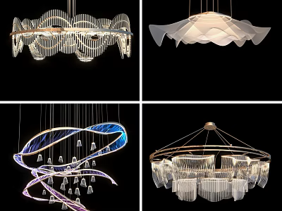 Unique Modern Chandelier Designs with Wave Petal Spiral Shapes Metal Glass and Crystal Elements 3d model