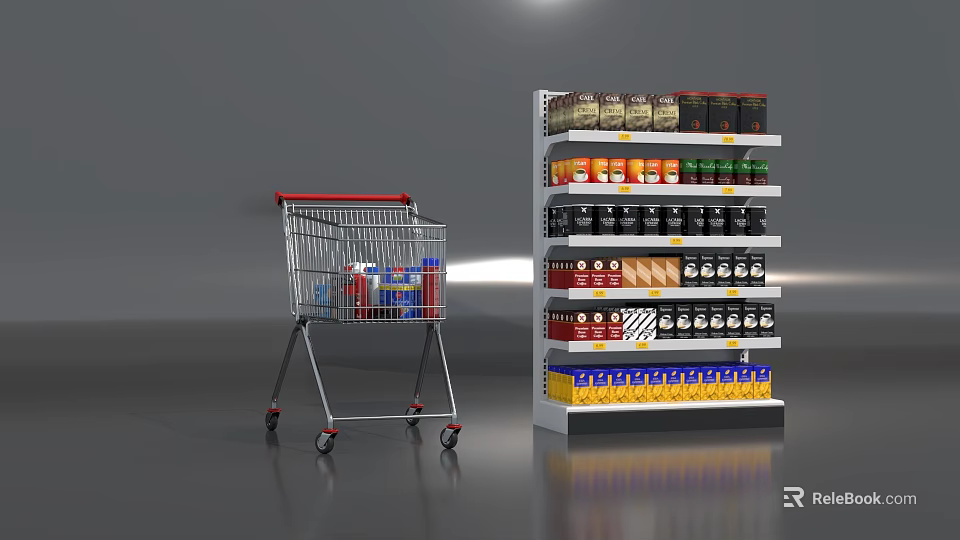 Supermarket Grocery Shopping Cart With Shelves Of Various Bottled Products And Items 3d model 
