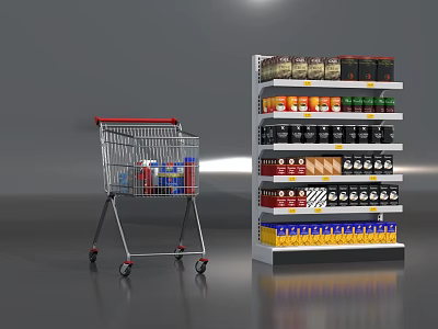 Supermarket Grocery Shopping Cart With Shelves Of Various Bottled Products And Items 3d model