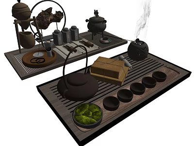 Traditional Tea Set With Teapot Cups Tray And Fresh Green Tea Leaves 3d model