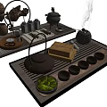 Traditional Tea Set With Teapot Cups Tray And Fresh Green Tea Leaves