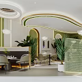 Modern Restaurant Interior With Curved Design Green Plants Gold Accents And Sculpture
