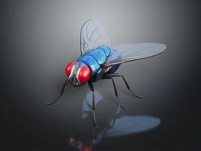 Fly With Red Eyes Blue Body Transparent Wings And Black Legs On Dark Background 3d model