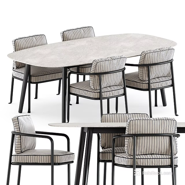 Oval White Dining Table Set with Striped Fabric Chairs and Black Frame 3d model 