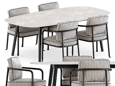 Oval White Dining Table Set with Striped Fabric Chairs and Black Frame 3d model