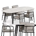 Oval White Dining Table Set with Striped Fabric Chairs and Black Frame 3d model