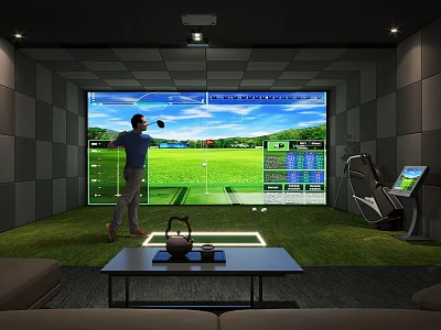 Indoor Golf Fitness Training Using Simulator with Person Swinging and Large Screen 3d model