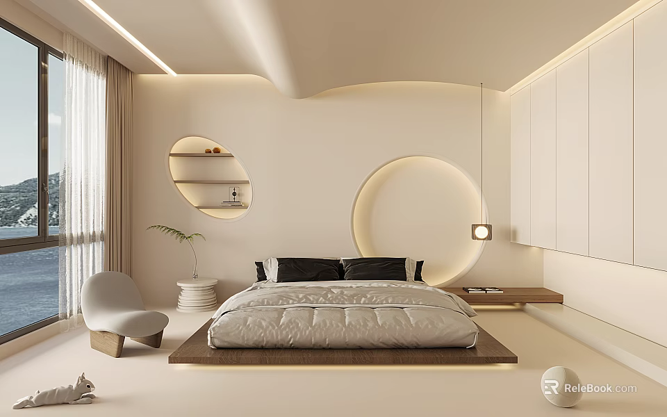 Modern Minimalist Bedroom Interior Design With Circular Decor Bedside Lamp And Simple Chair 3d model 