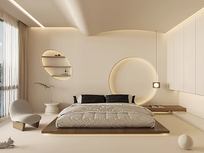 Modern Minimalist Bedroom Interior Design With Circular Decor Bedside Lamp And Simple Chair 3d model