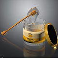 Fresh Honey in Glass Jar with Golden Lid and Wooden Dipper Dripping