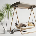 Cozy Wooden Canopy Swing Chair With Soft Cushions Palm Tree And Cat For Outdoor Relaxation