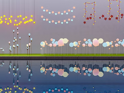 Hanging Star Shaped And Round Outdoor Lights With Reflection On Water Surface 3d model