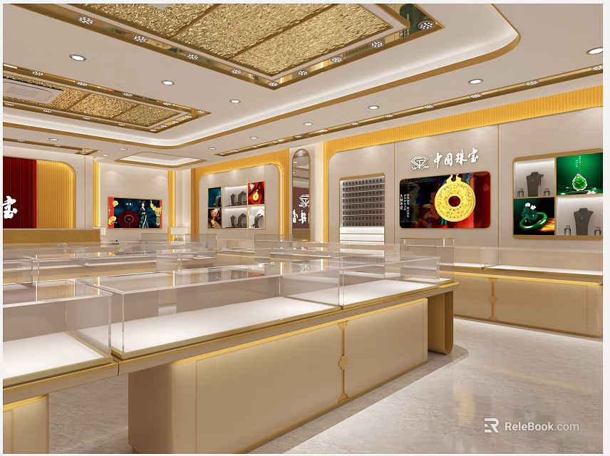 Jewelry Store Luxurious Interior With Glass Display Cases And Elegant Lighting Counters 3d model 
