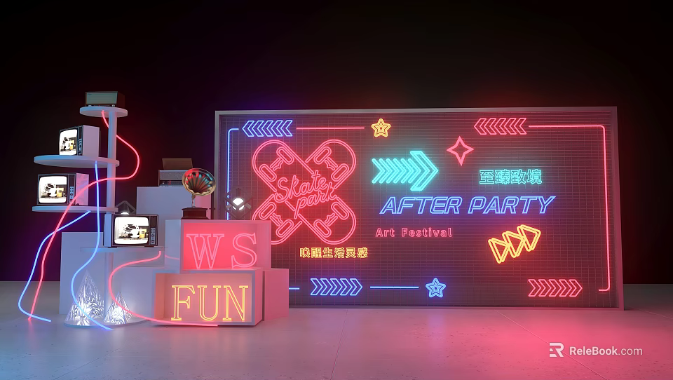 Vibrant Neon Decorated After Party Scene With Art Festival Signs Arrows And Stars 3d model 