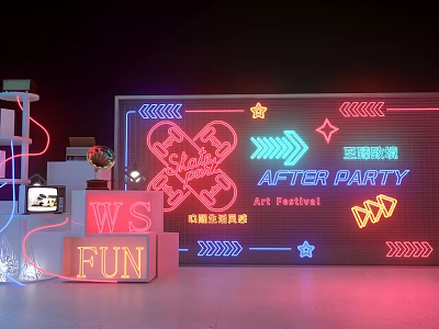 Vibrant Neon Decorated After Party Scene With Art Festival Signs Arrows And Stars 3d model