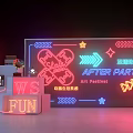 Vibrant Neon Decorated After Party Scene With Art Festival Signs Arrows And Stars
