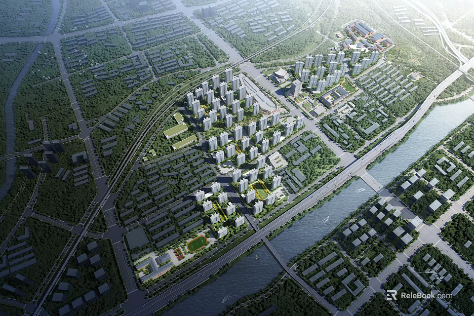 Birds Eye View Master Plan of Residential District With Road Network River And Green Areas 3d model 