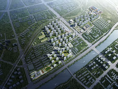 Birds Eye View Master Plan of Residential District With Road Network River And Green Areas 3d model