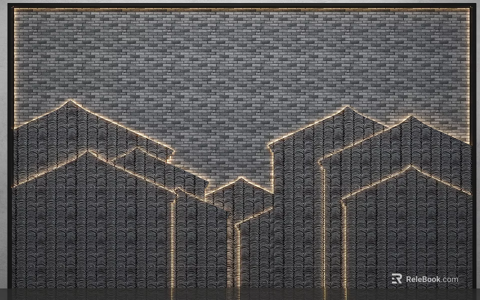 Gray Brick Background Wall With Golden Geometric Building Outline Design 3d model 