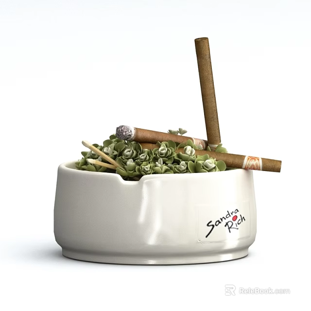 Stylish Ceramic Ashtray Holding Cigars and Green Herbs with Santa Rosa Inscription 3d model 