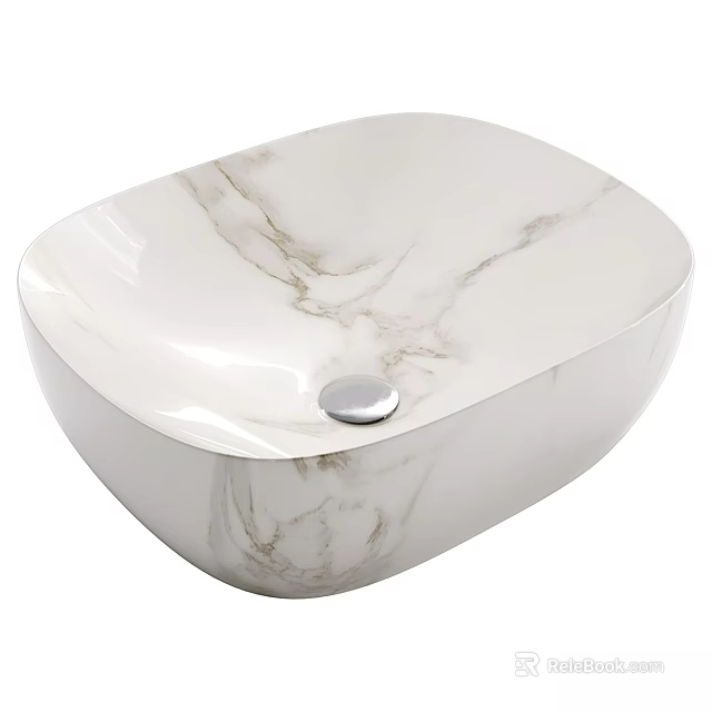 White Marble Pattern Washbasin Featuring Smooth Surface Oval Design and Silver Drain 3d model 