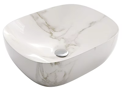White Marble Pattern Washbasin Featuring Smooth Surface Oval Design and Silver Drain 3d model