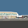 Modern Commercial Building Exterior With Glass Curtain Walls Canopy Outdoor Plaza And Decorative Installations