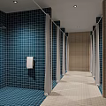 Shower Room Interior Featuring Orange Tiled Walls Multiple Cubicles And Towel Holders