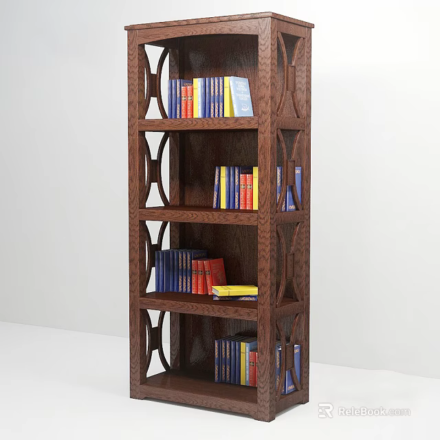 Classic Oak Bookcase With Open Shelves Filled With Assorted Books And Decorative Panels 3d model 