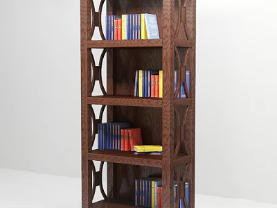 Classic Oak Bookcase With Open Shelves Filled With Assorted Books And Decorative Panels 3d model
