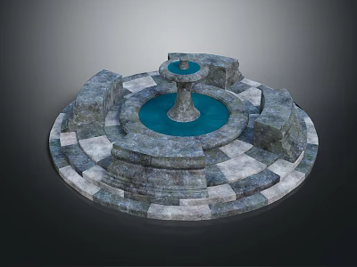 Circular Stone Constructed Fountain With Central Blue Basin Surrounding Steps And Slab Floor 3d model
