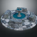 Circular Stone Constructed Fountain With Central Blue Basin Surrounding Steps And Slab Floor
