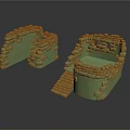 Green Stone Scene Building Components With Steps And Wall Structures